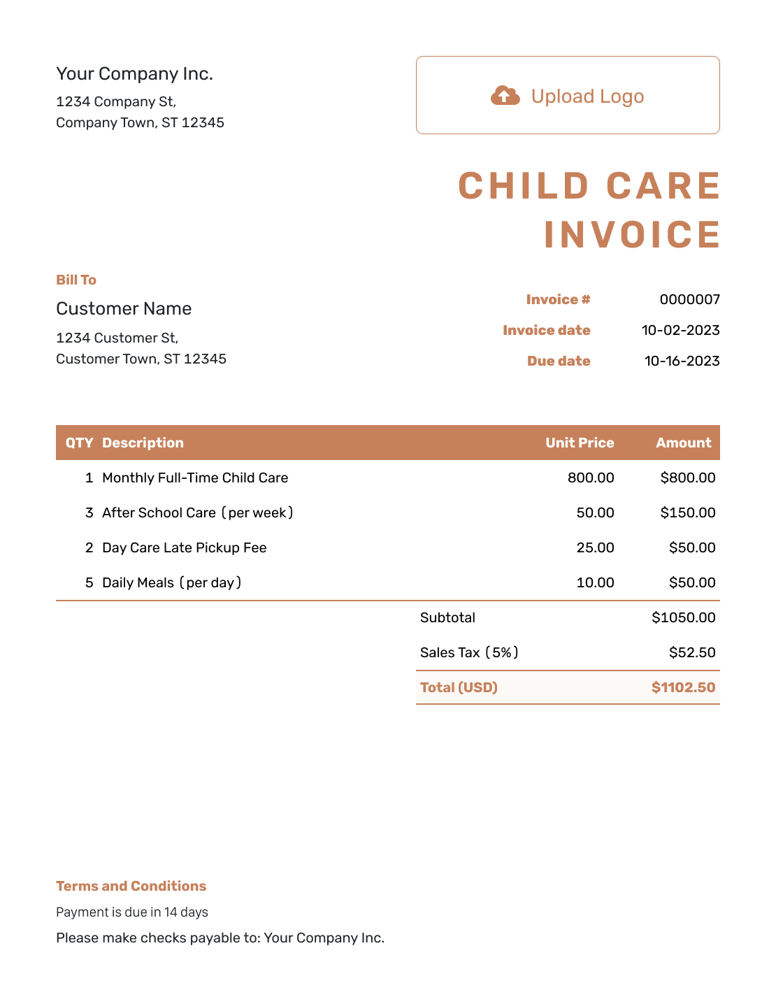 Standard Child Care Invoice Template