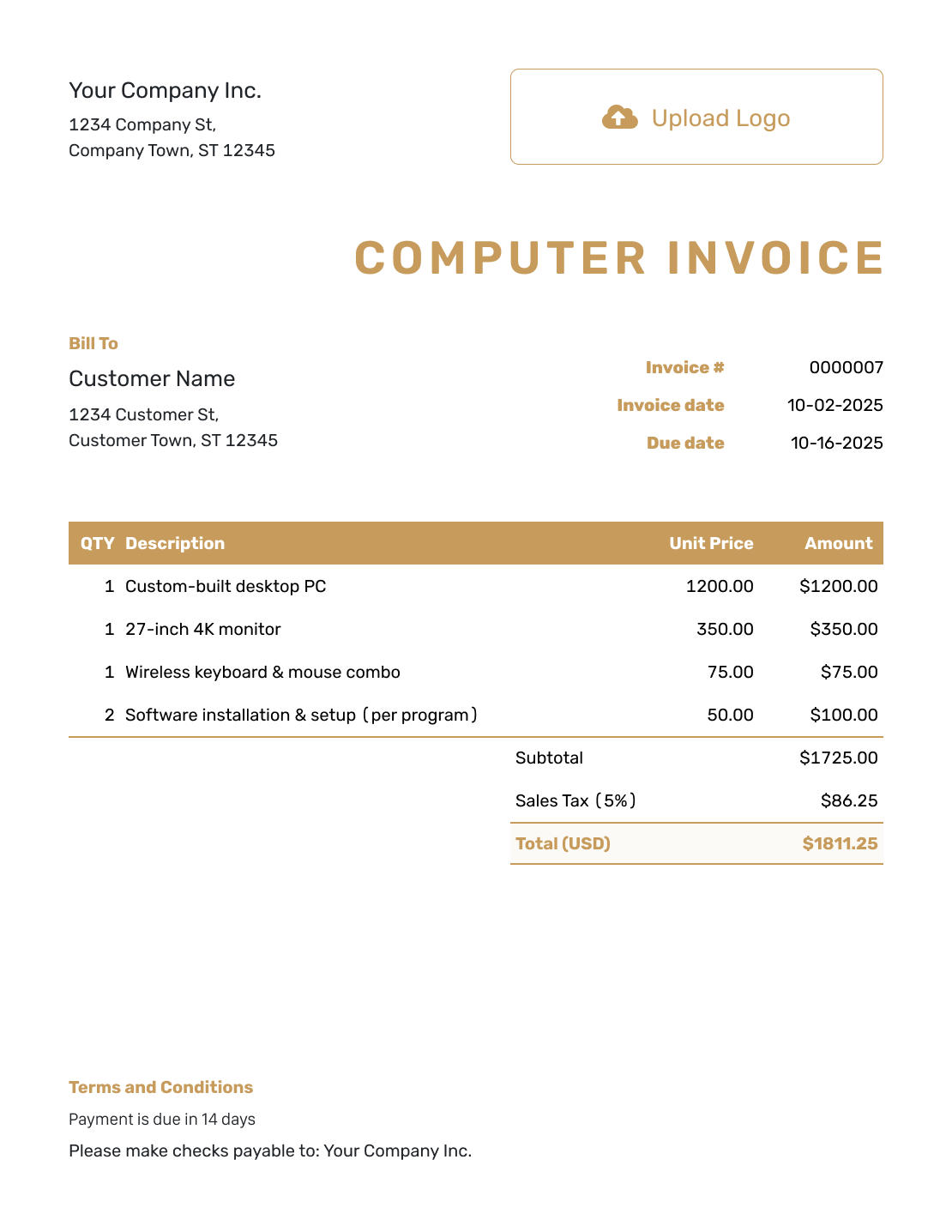 Standard Computer Invoice Template