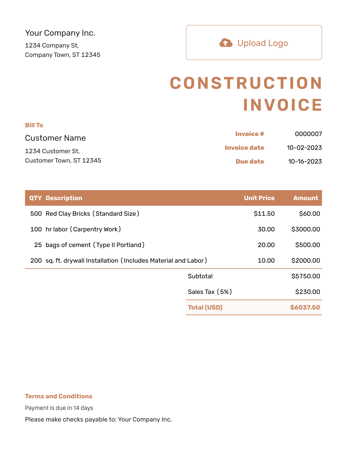 Standard Construction Invoice Template