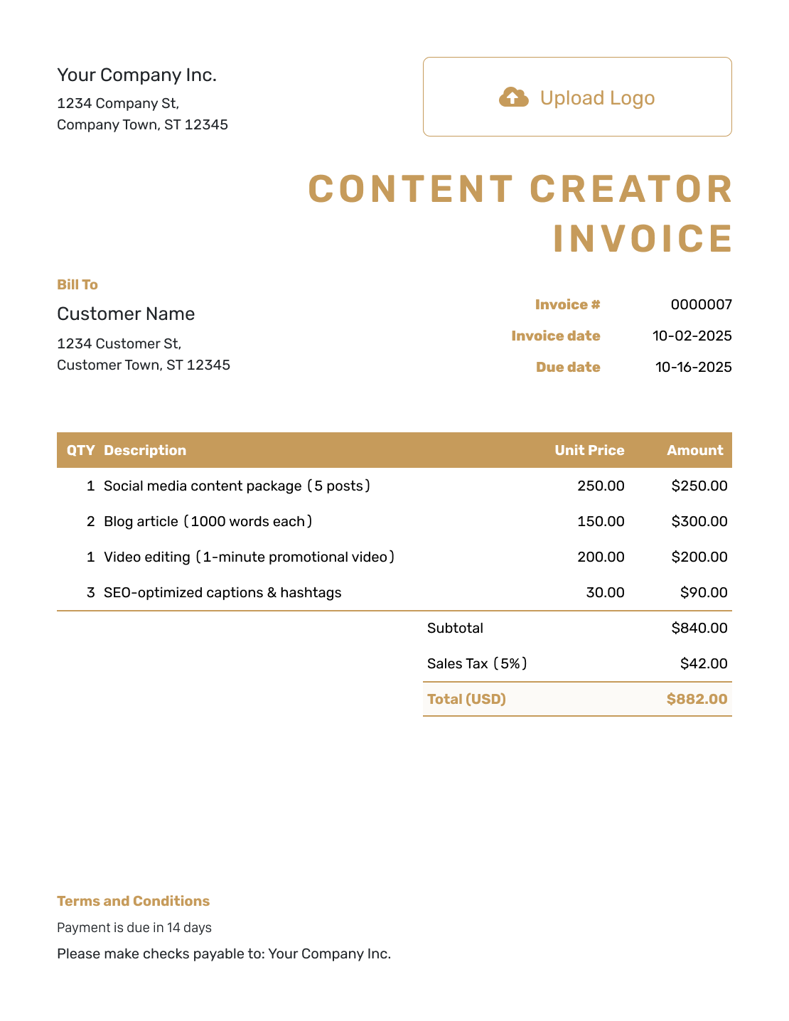 Standard Content Creator Invoice Template