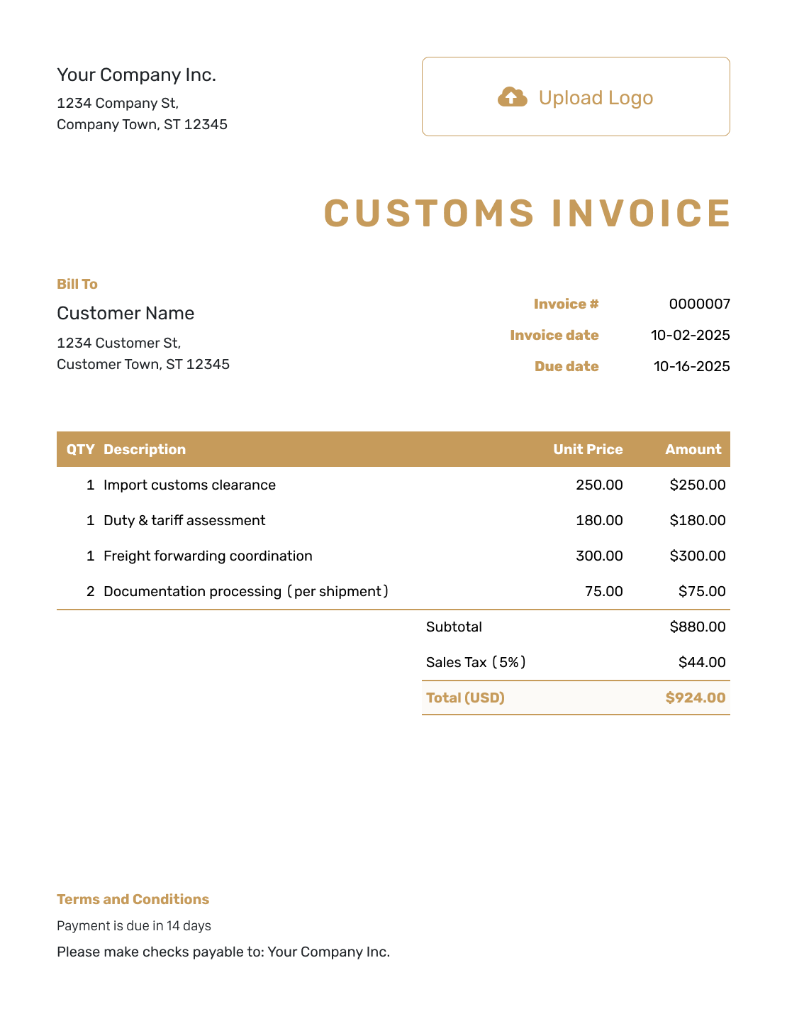 Standard Customs Invoice Template