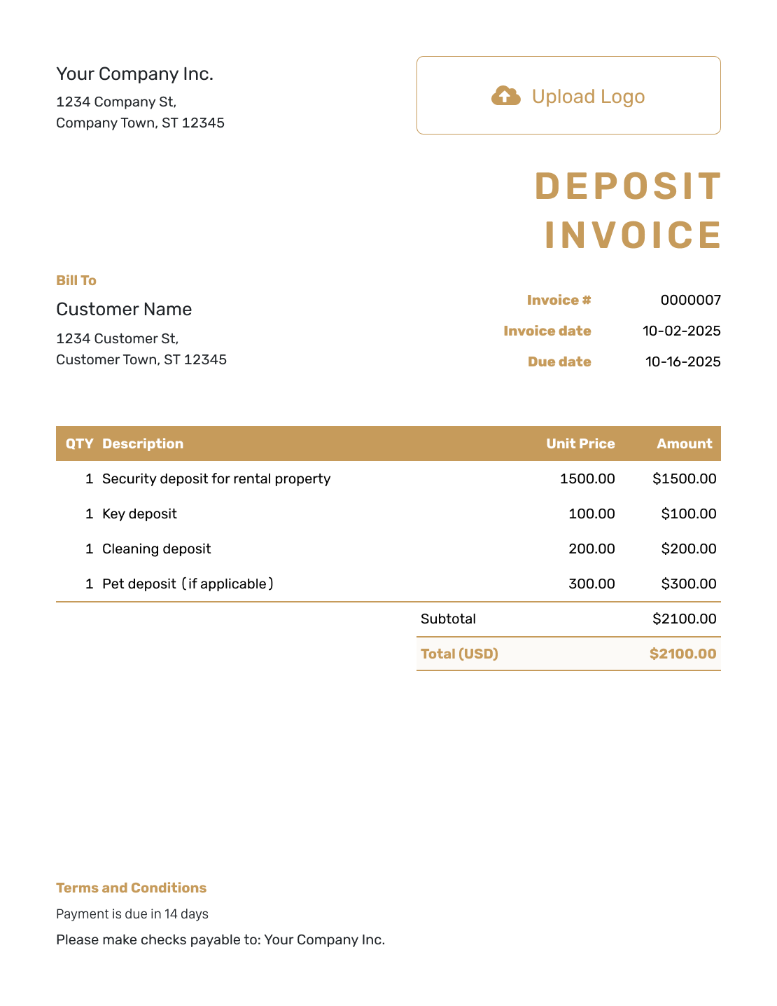 Standard Deposit Invoice Template