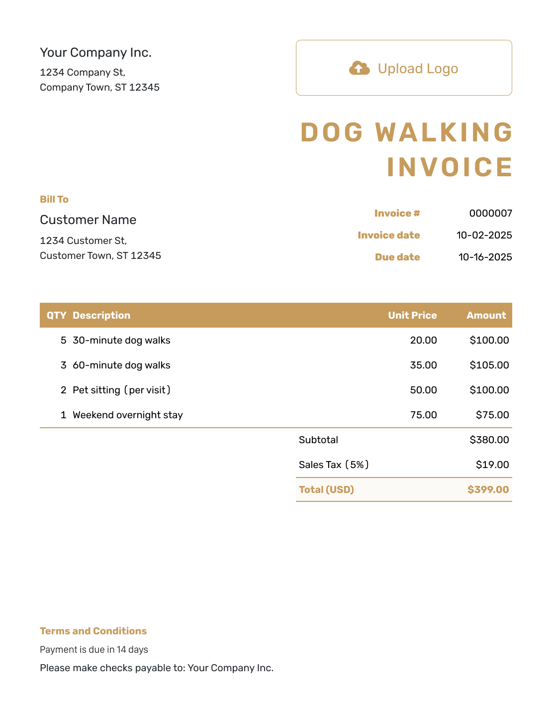 Standard Dog Walking Invoice Template