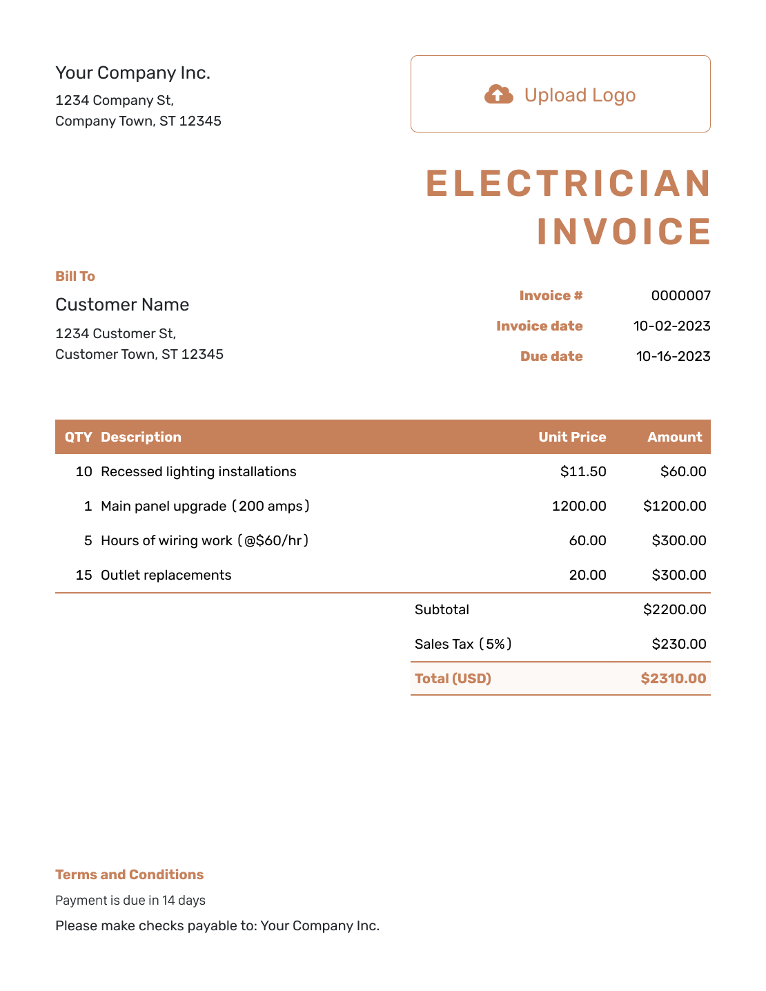 Standard Electrician Invoice Template