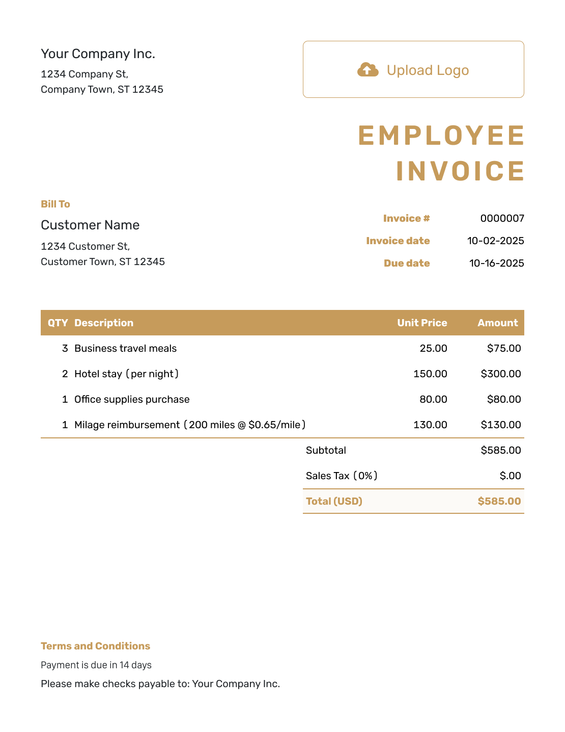 Standard Employee Invoice Template