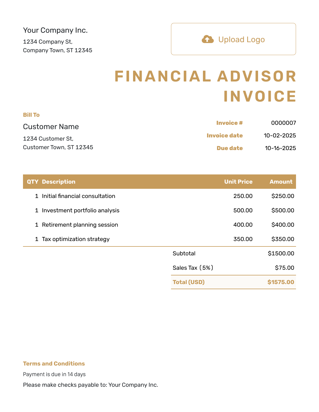 Standard Financial Advisor Invoice Template