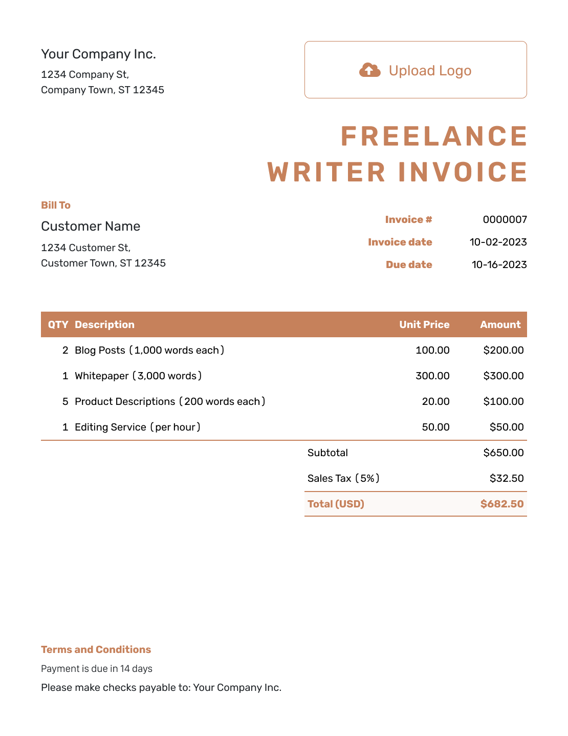 Standard Freelance Writer Invoice Template