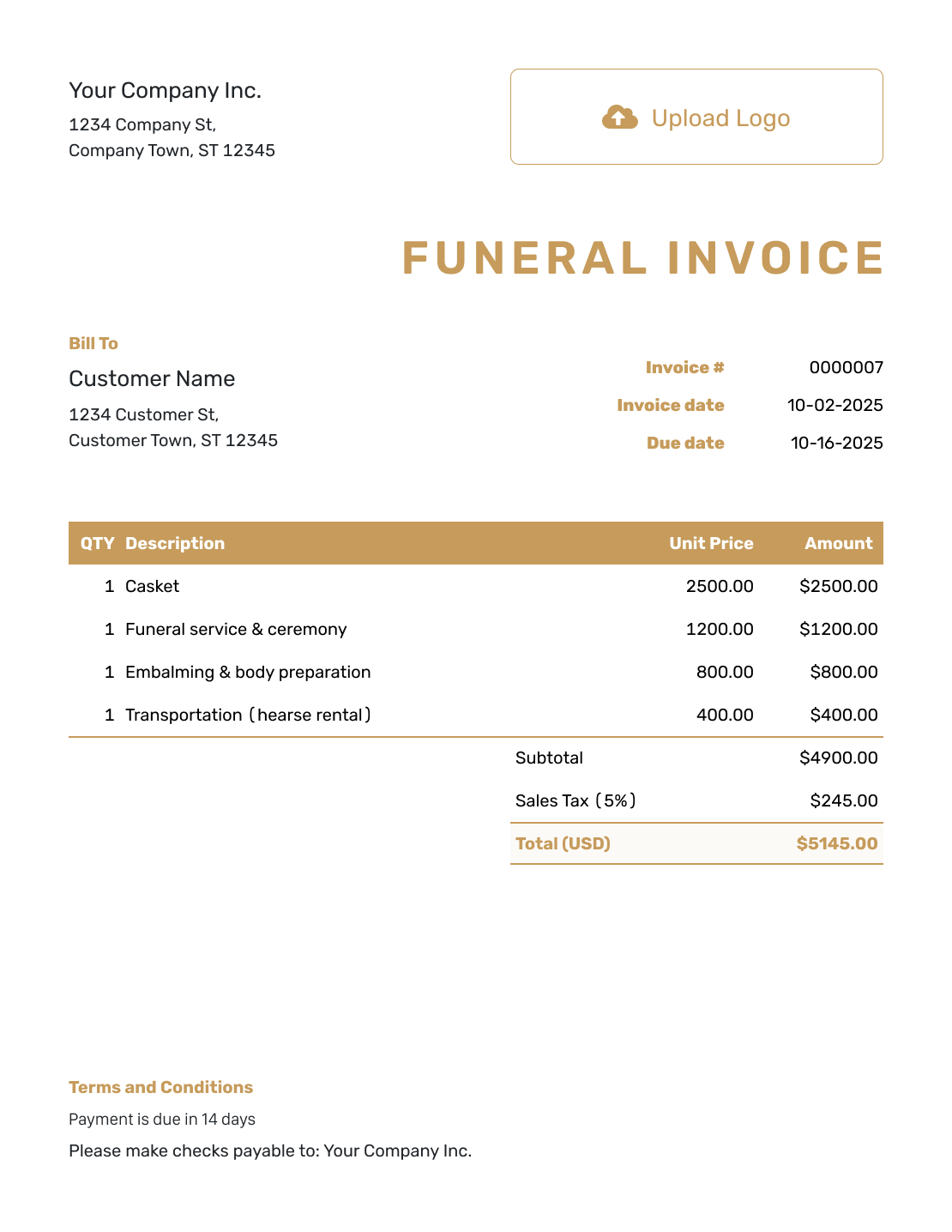 Standard Funeral Invoice Template