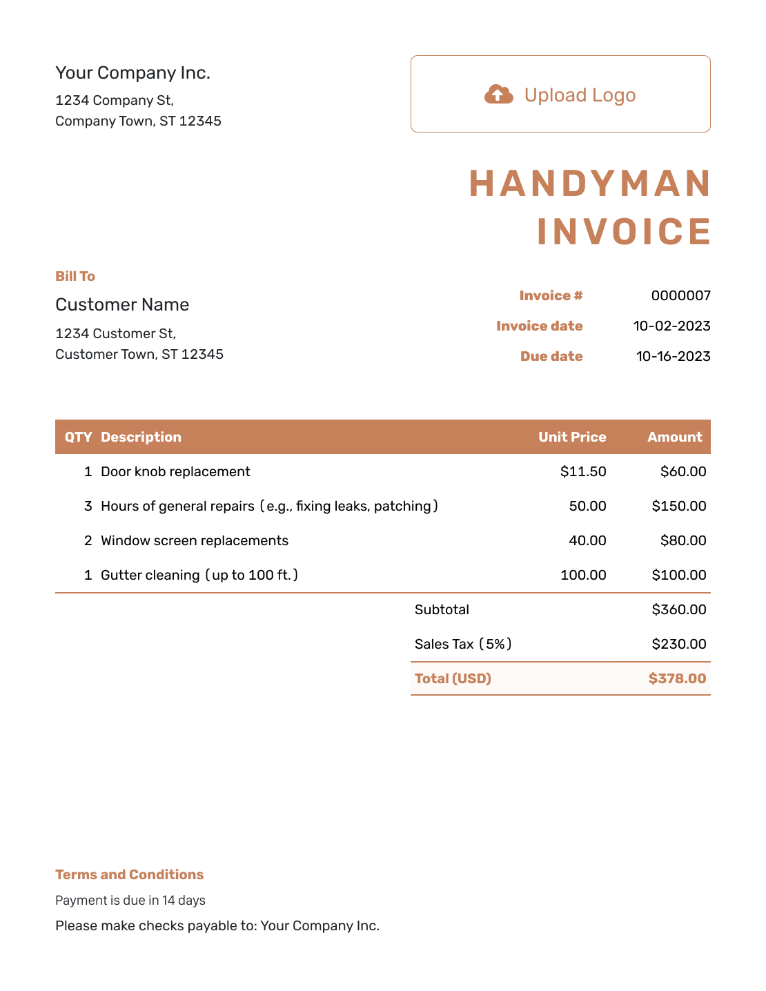 Standard Handyman Invoice Template