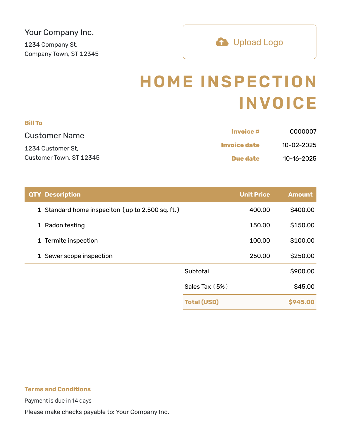 Standard Home Inspection Invoice Template