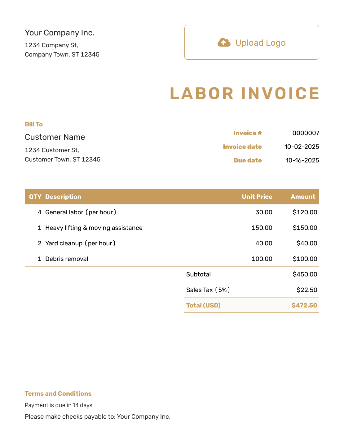 Standard Labor Invoice Template