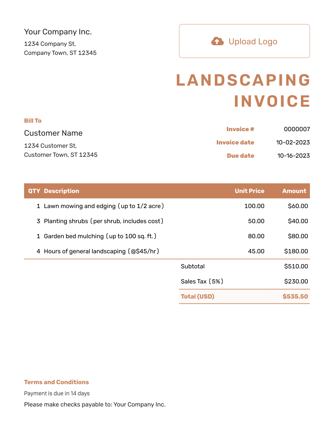 Standard Landscaping Invoice Template