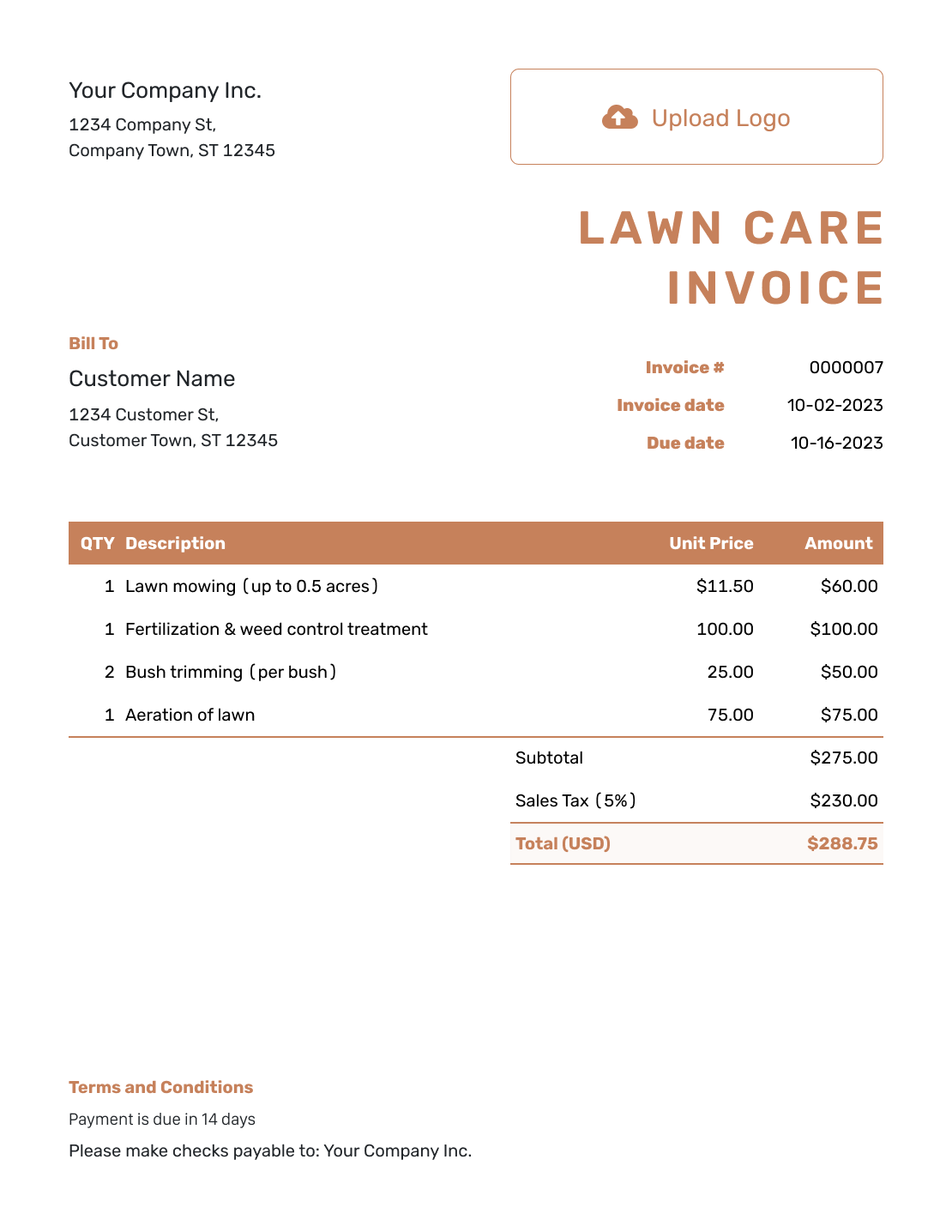 Standard Lawn Care Invoice Template