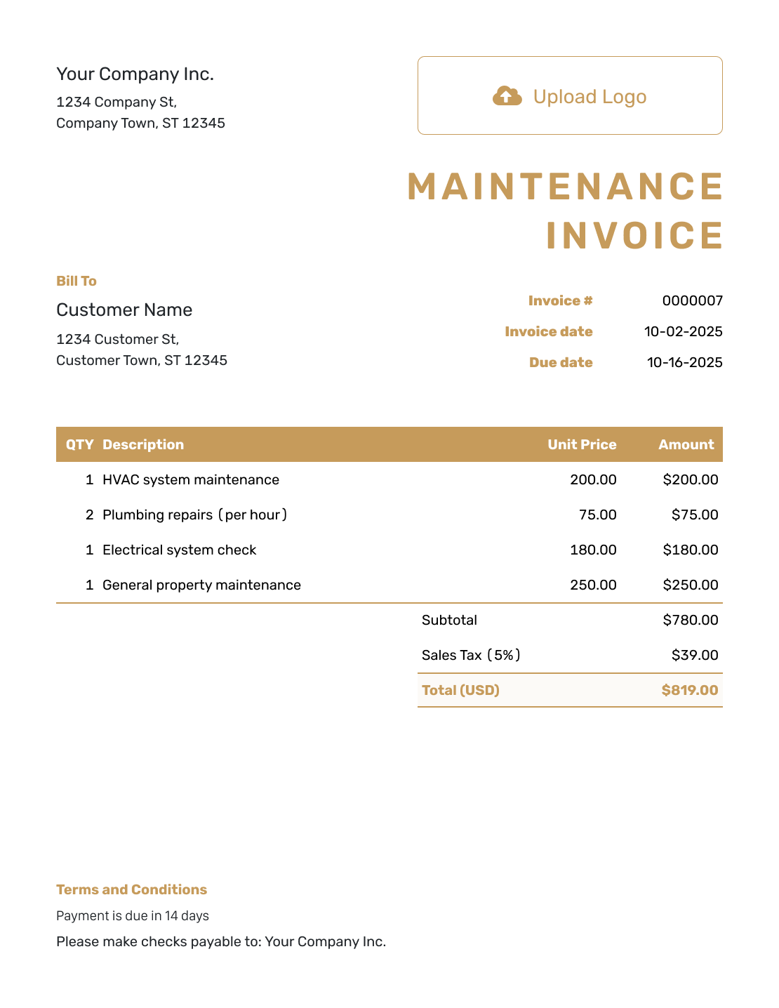 Standard Maintenance Invoice Template