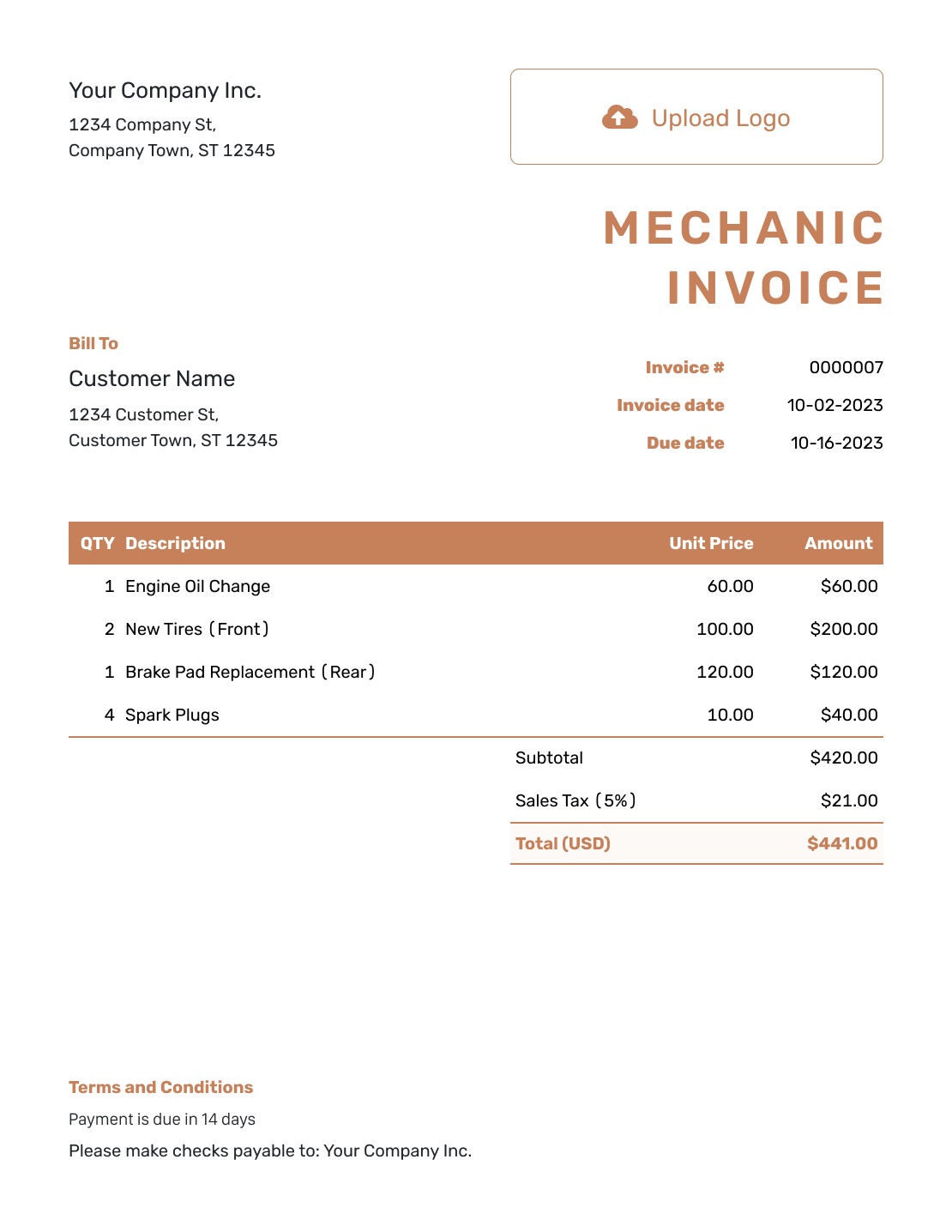 Standard Mechanic Invoice Template