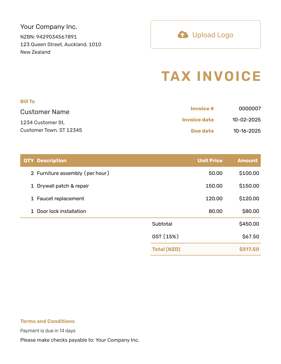 Standard New Zealand Invoice Template