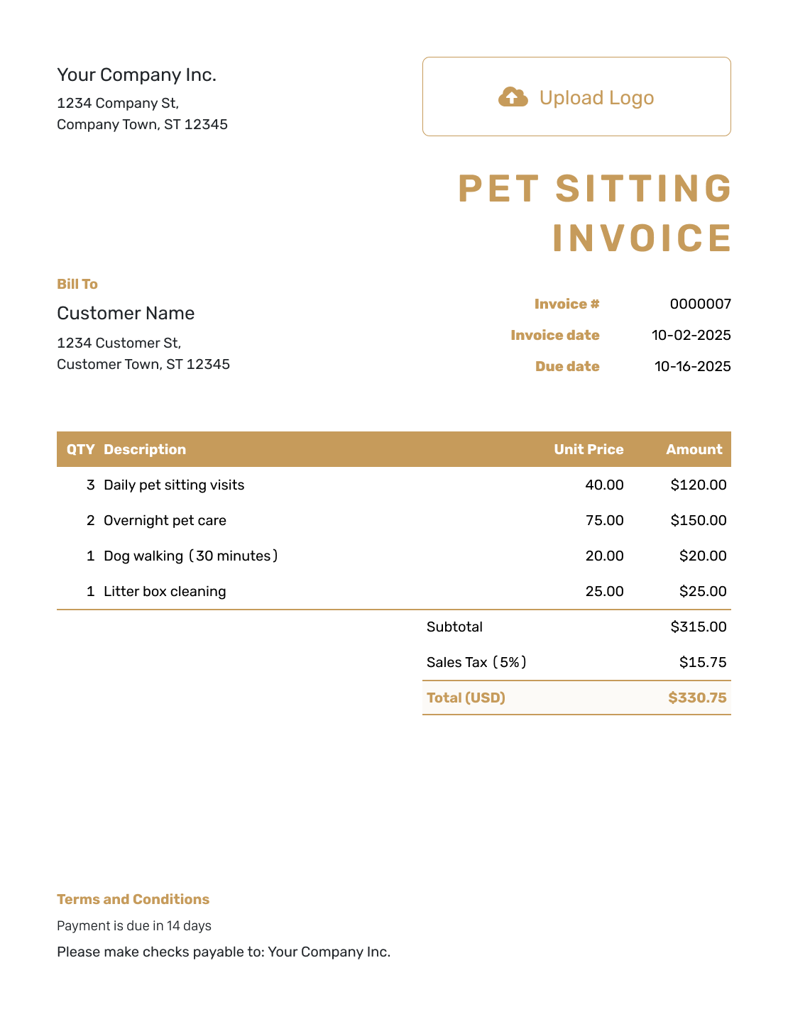 Standard Pet Sitting Invoice Template