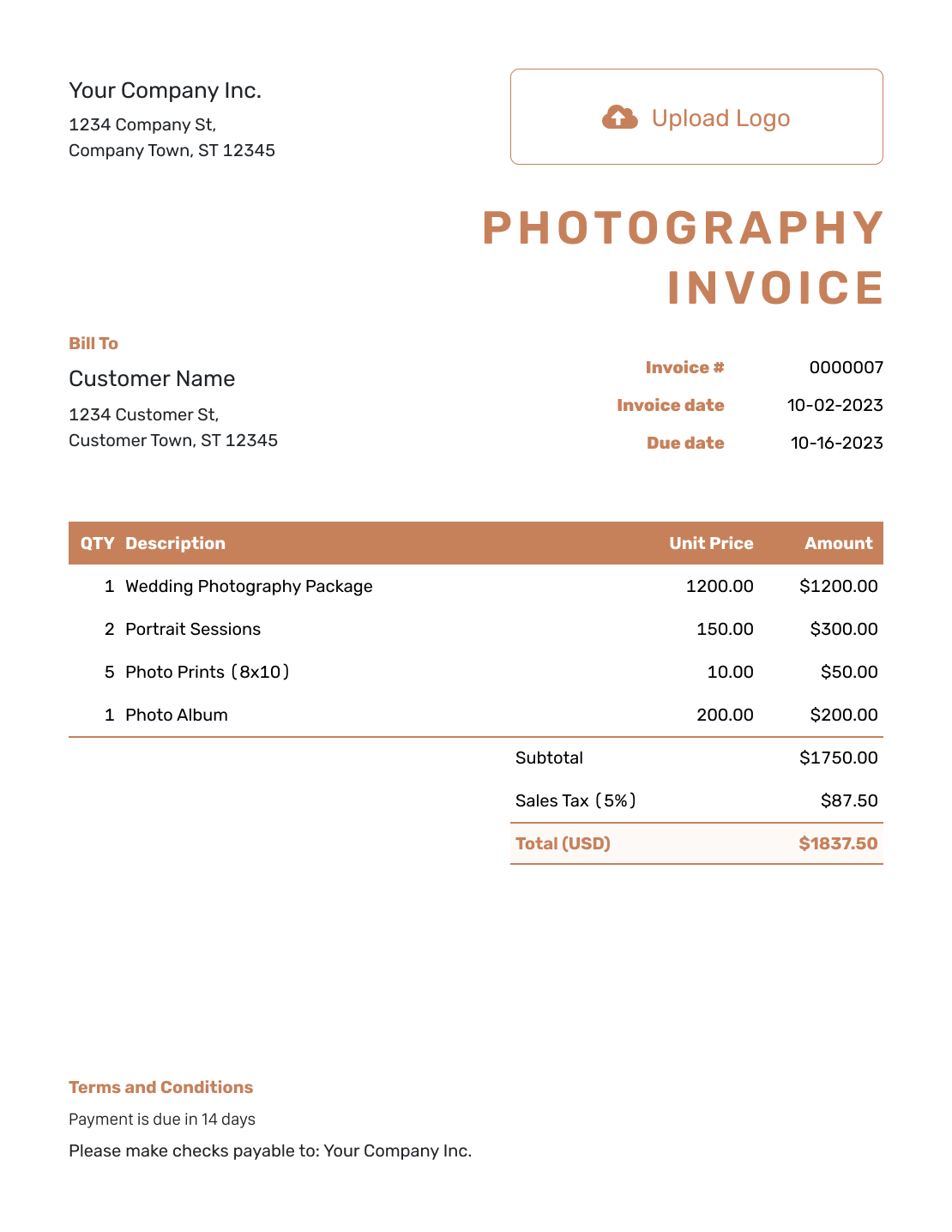 Standard Photography Invoice Template