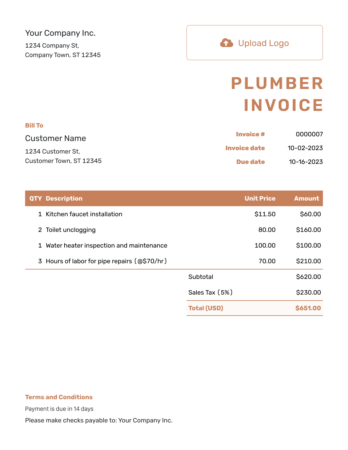 Standard Plumber Invoice Template