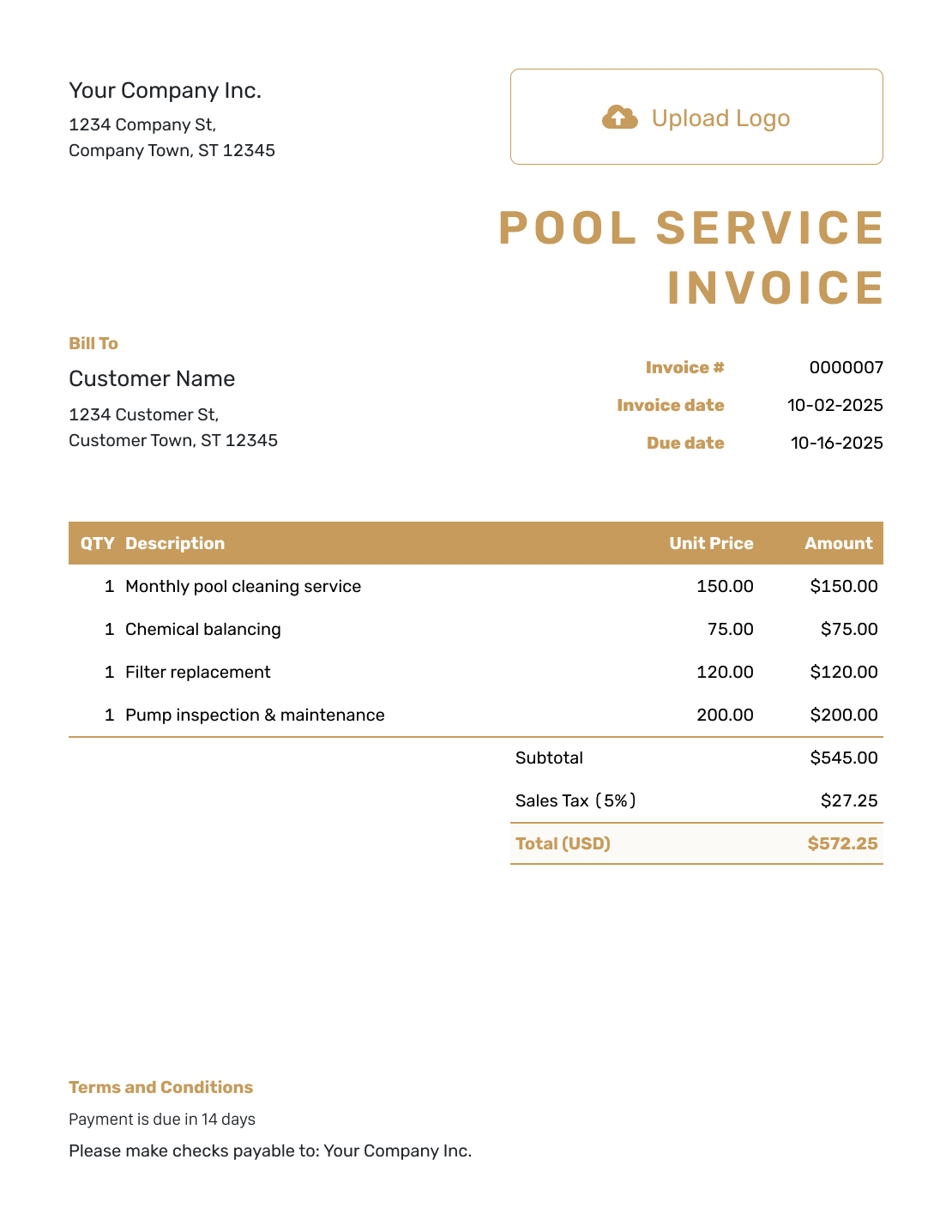 Standard Pool Service Invoice Template