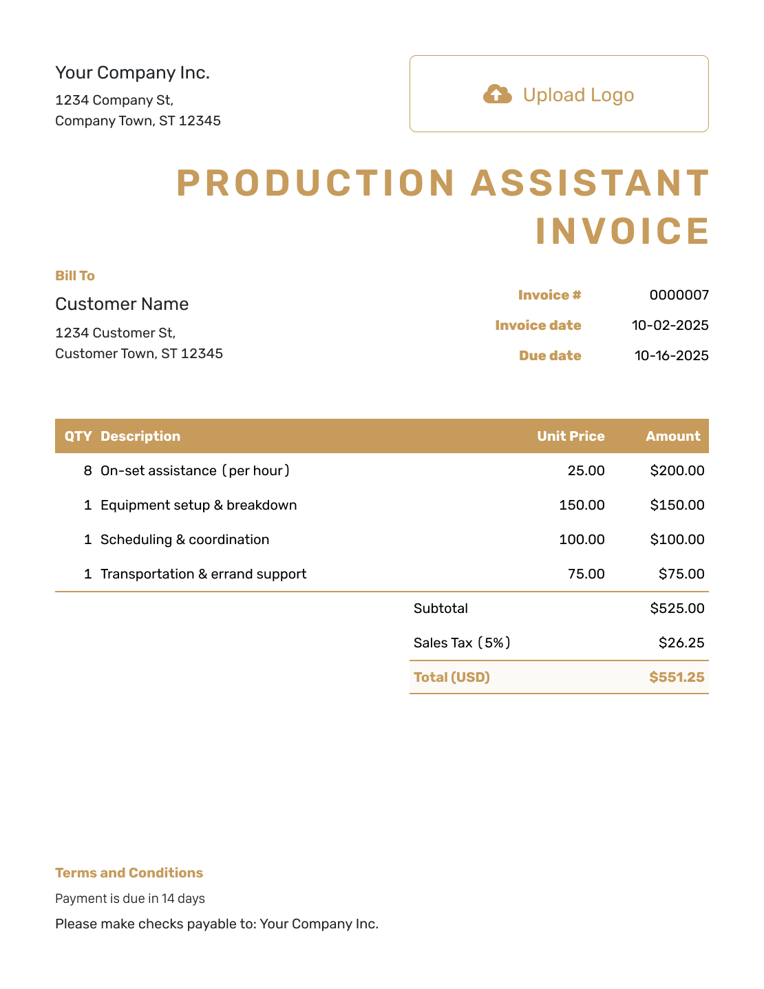 Standard Production Assistant Invoice Template