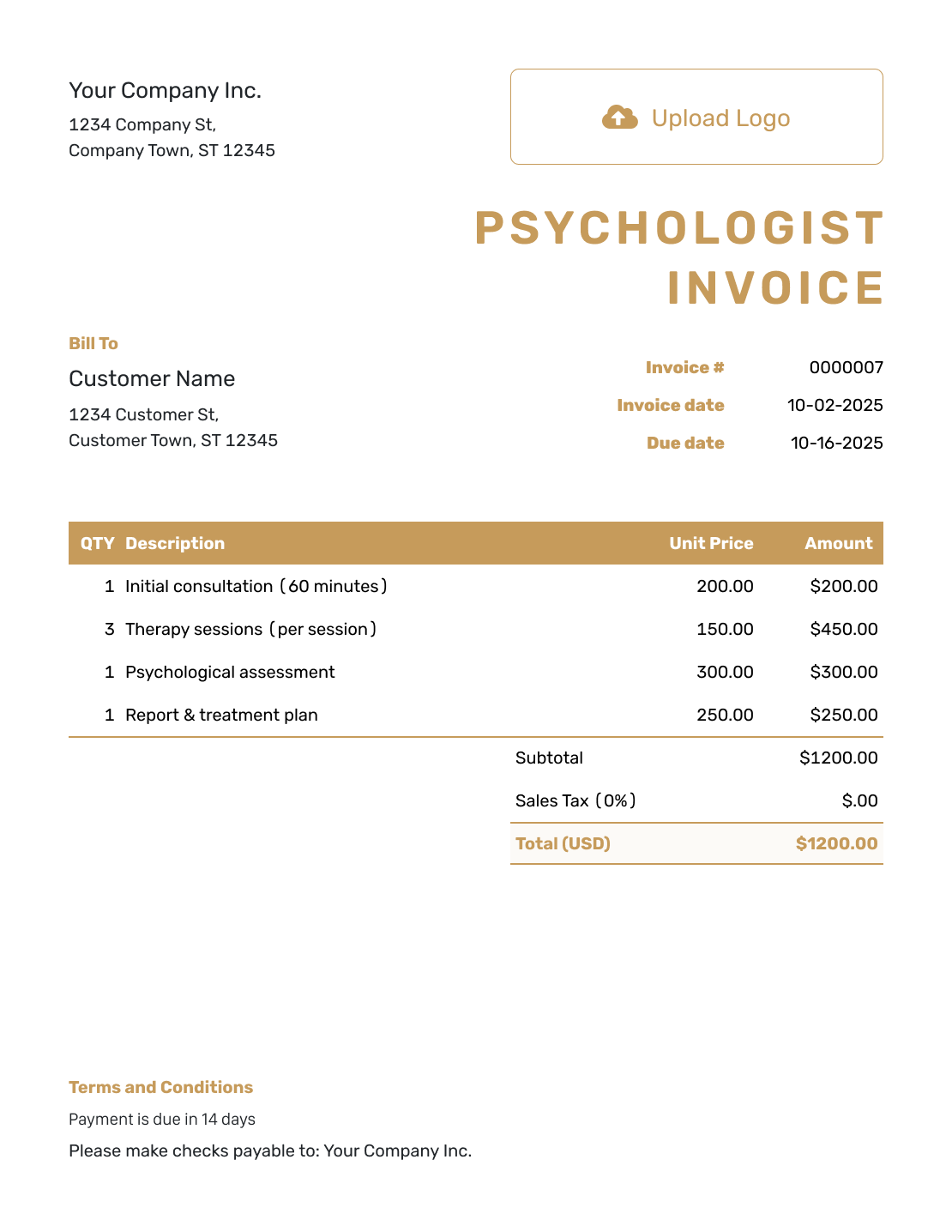 Standard Psychologist Invoice Template