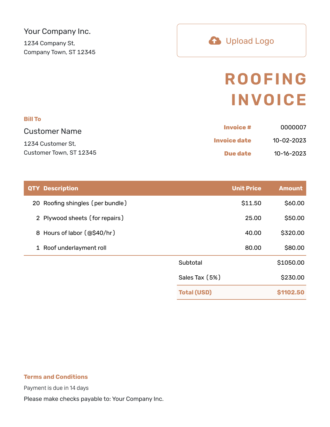 Standard Roofing Invoice Template