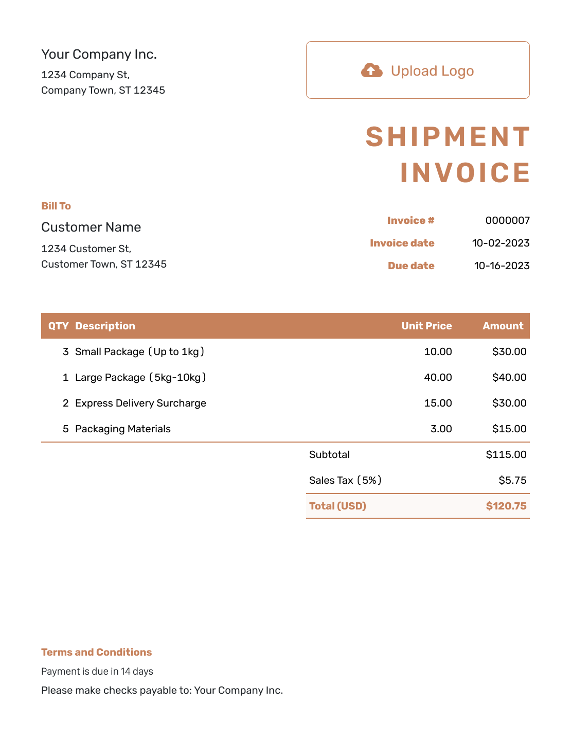 Standard Shipment Invoice Template
