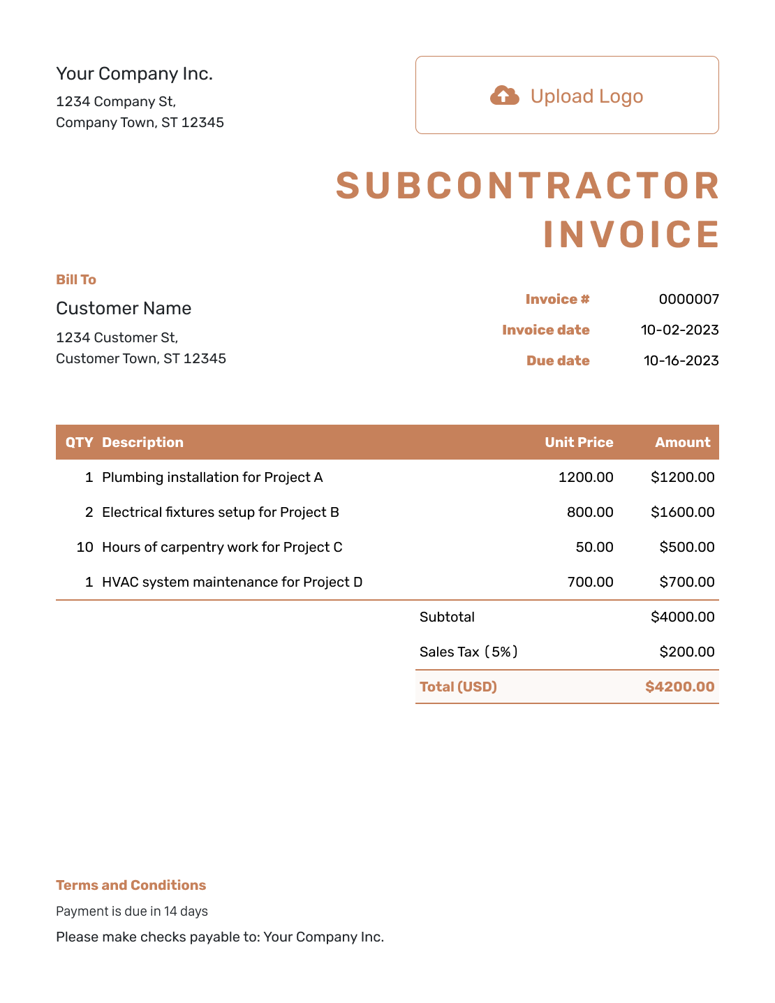 Standard Subcontractor Invoice Template