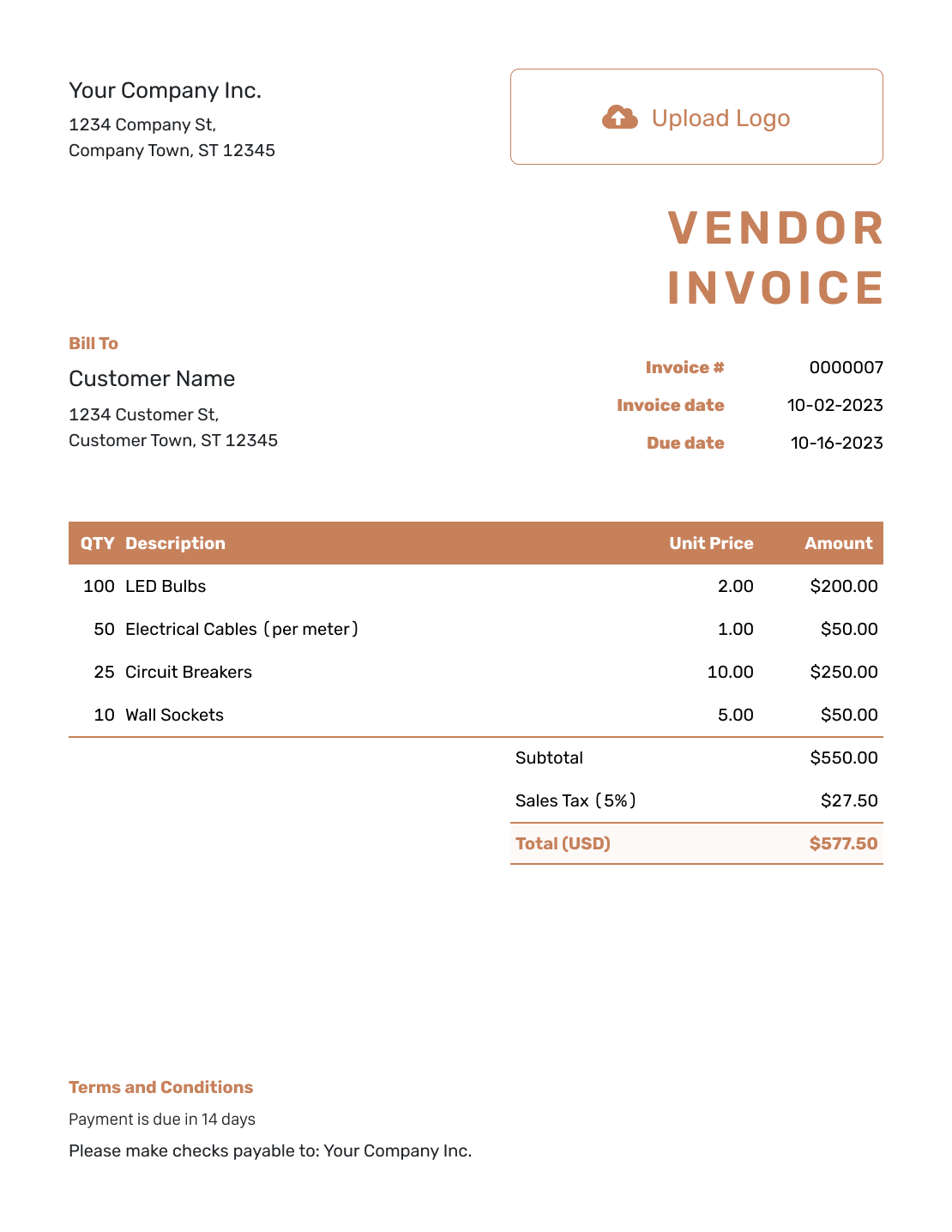 Standard Vendor Invoice Template