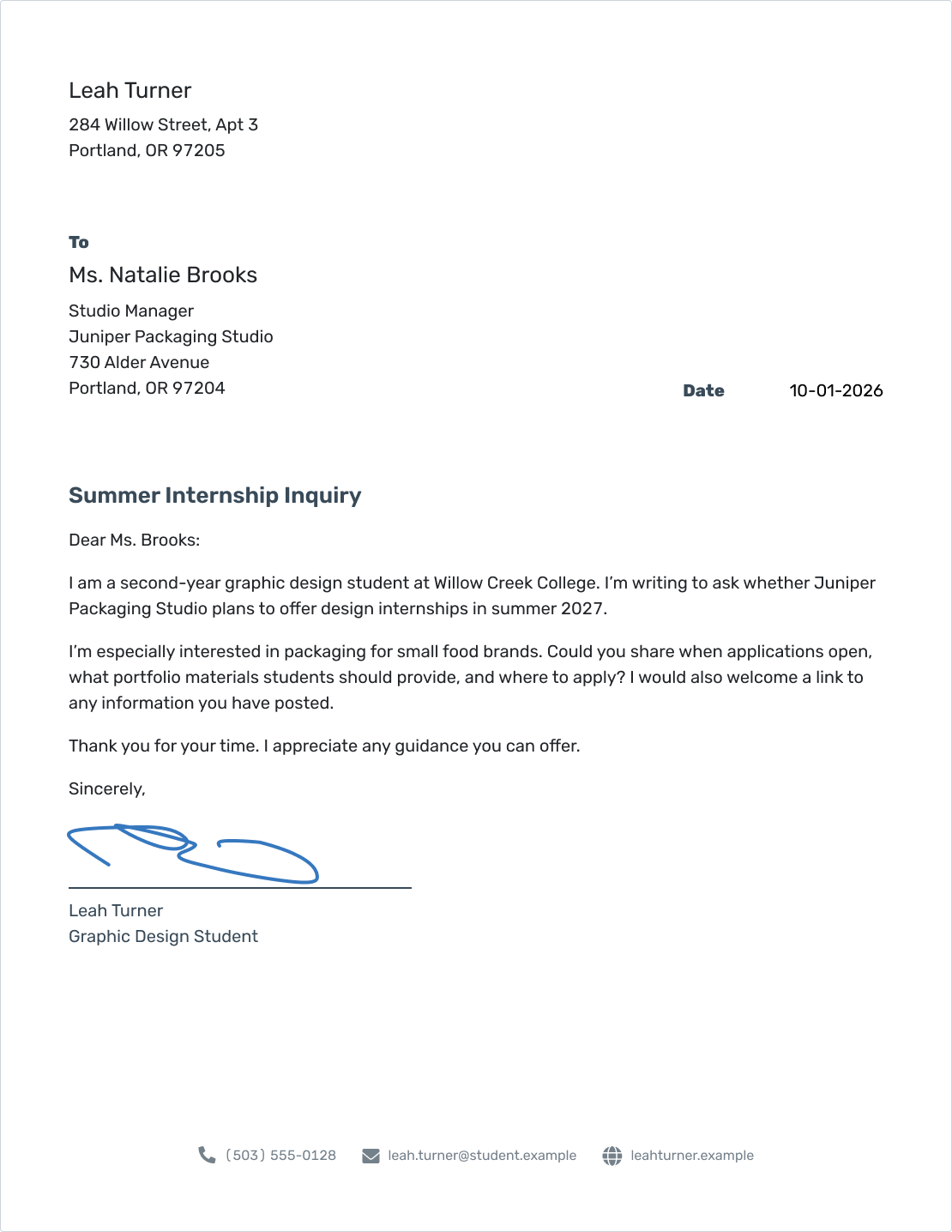 Student inquiry letter from Leah Turner to Juniper Packaging Studio about summer design internships