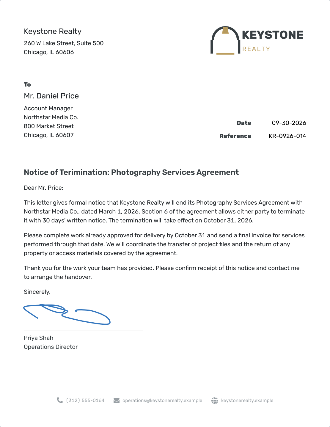 Example of a contract termination letter created in Docelf