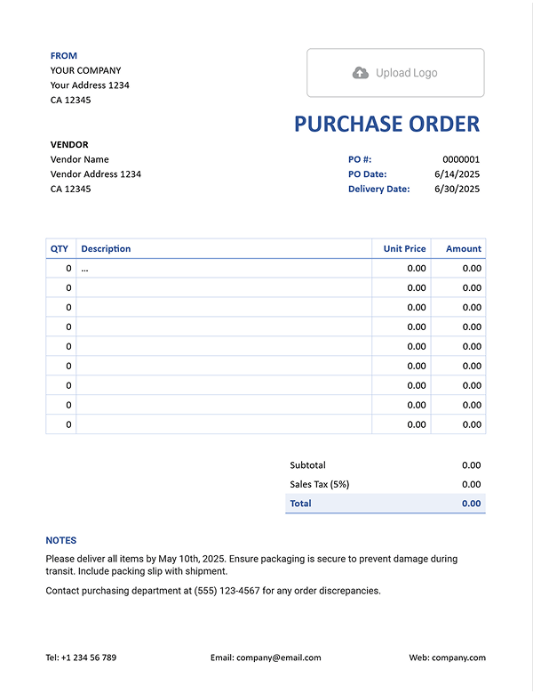 Printable Word Purchase Order Form
