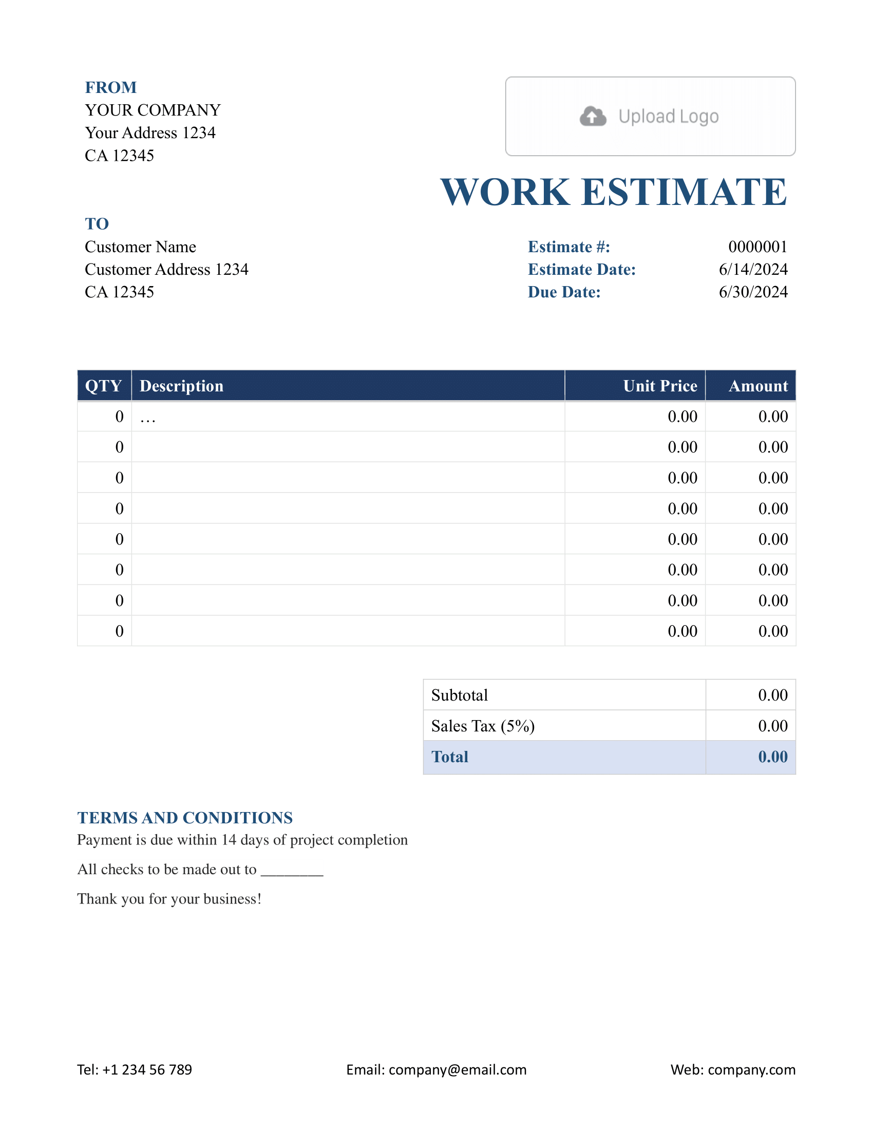 Word Work Estimate Template